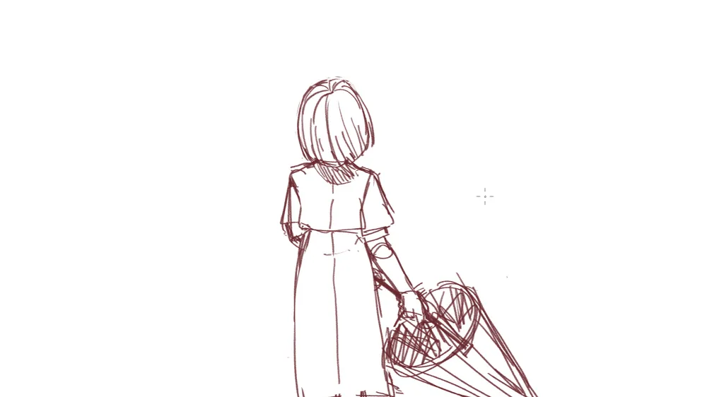 奥を向いて下向きに傘を持ち、傘を開こうとする明灯のイラストラフ。
