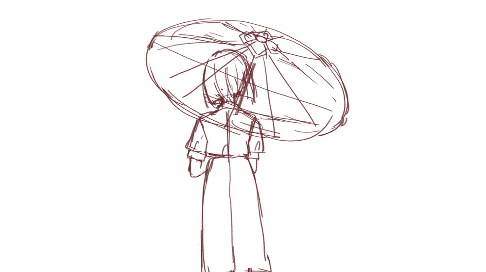 奥を向いて傘を差す明灯のイラストラフ。