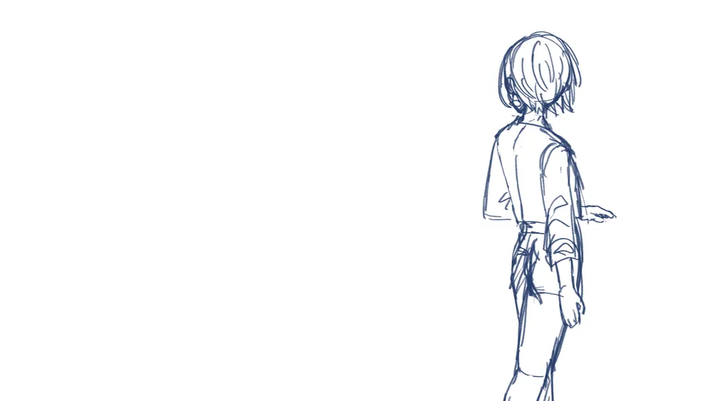 奥を向いて左手を置き、何かを見つめる融月レイのイラストラフ。