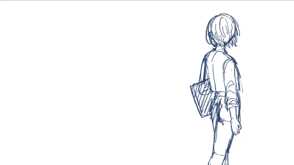 奥を向いてカバンを左肩に下げる融月レイのイラストラフ。